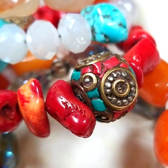Hand Crafted Boho Beaded Agate, Coral, Turquoise and Amber Wrap Bracelet - Picture 8 of 16